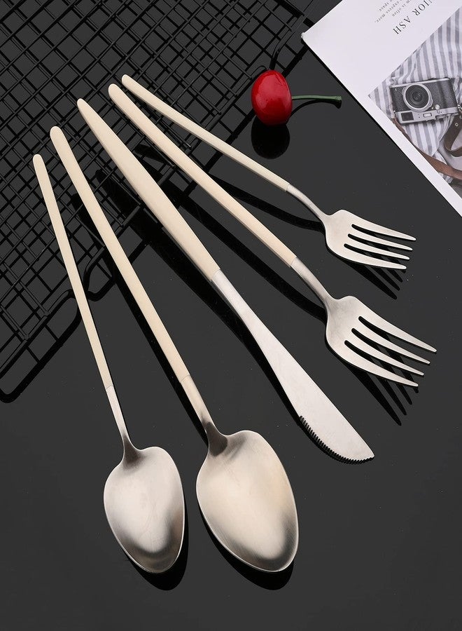 JASHII Slim Handle Silverware Set 20 Pieces, 304 Stainless Steel Colorful Flatware Set, Titanium Plating Cutlery Set, Utensil Sets for Home Dinner Service for 4, Dishwasher Safe - Beige&Silver - Image 2